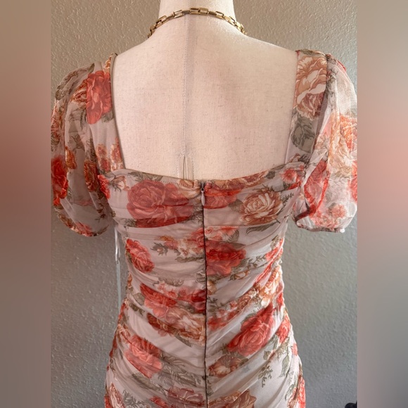 Floral Ruched Puff Sleeve Women’s Dress - Cream with Coral Floral - Picture 6 of 13